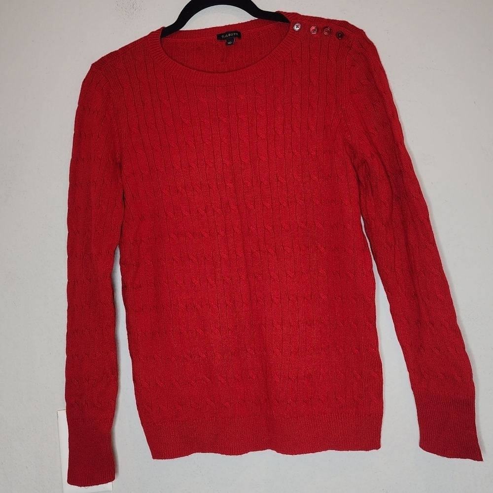 Talbots Lambswool Blend Red Cable Knit Sweater Button Shoulder Size Large